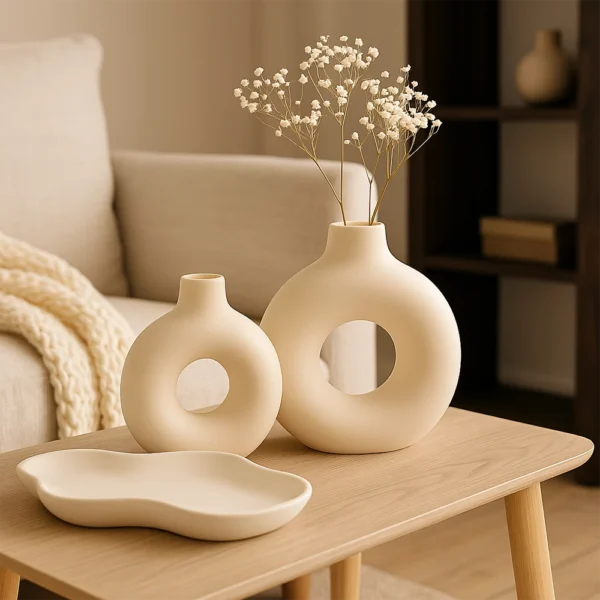 Cremeweißes Donut-Vasen Set in 2 Größen auf Couchtisch, große Vase mit Trockenblumen, daneben matte Deko-Schale – warme Scandi-Wohnzimmer-Deko.