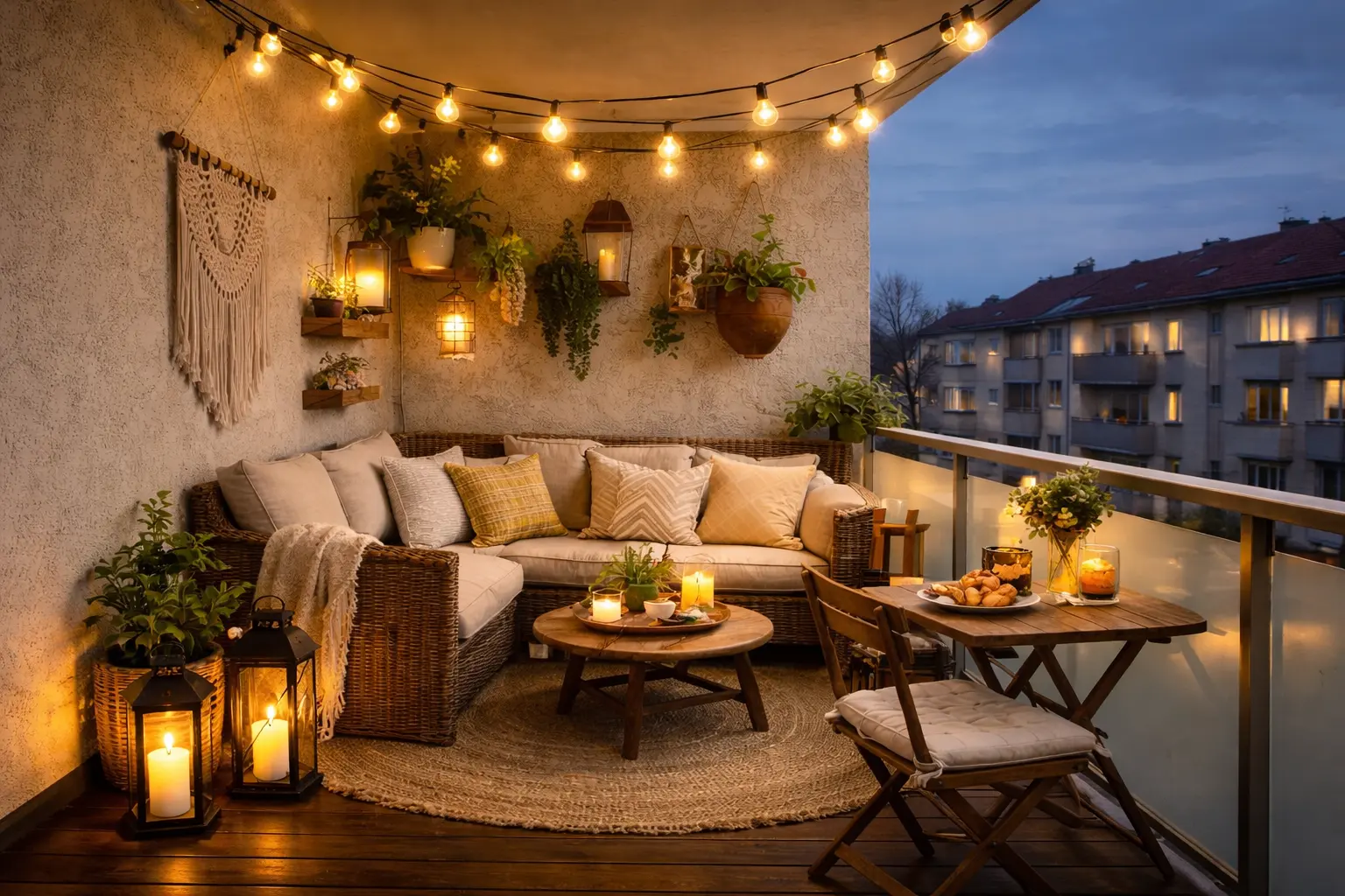 balkon dekoriert mit lichter ,laternen und lichterketten