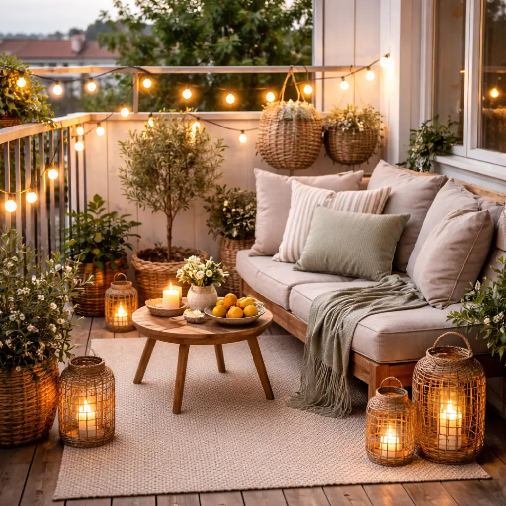 Sommerliche Balkon-Dekoration mit Outdoor-Teppich, Kissen, Laternen und Pflanzen