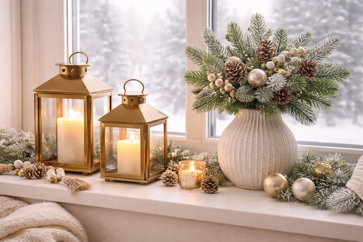 Fensterbank-Setup (Laternen + Vase + Tanne)