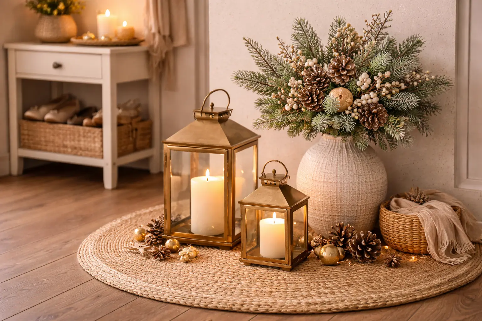 Flur-Laternen-Ecke: große Laterne + kleine + Vase mit Zweigen