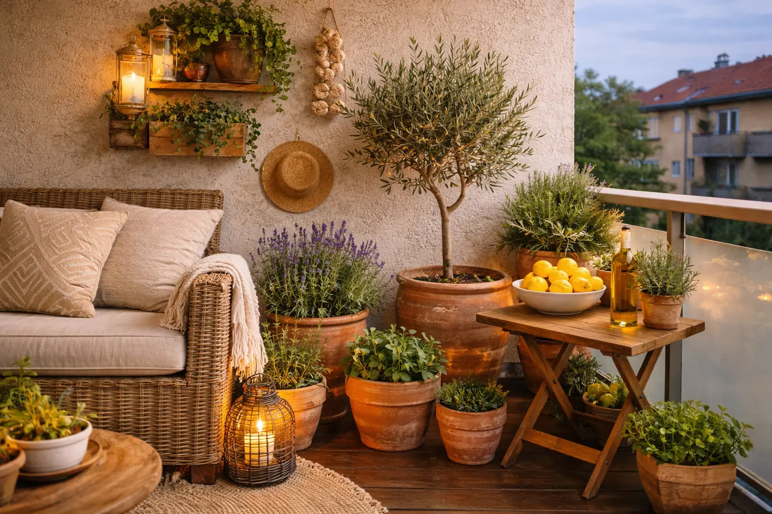 balkon mit mediterran terracotta und mit pflanzen gefüllt