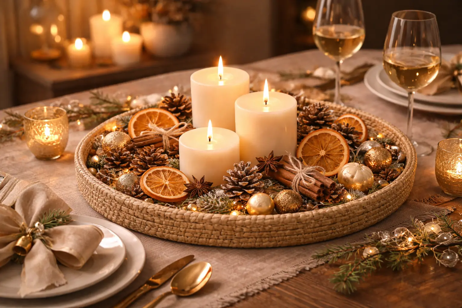 Herbst-Tischdeko: niedrige Tischmitte (Kerzen + Natur) bei Abendlicht