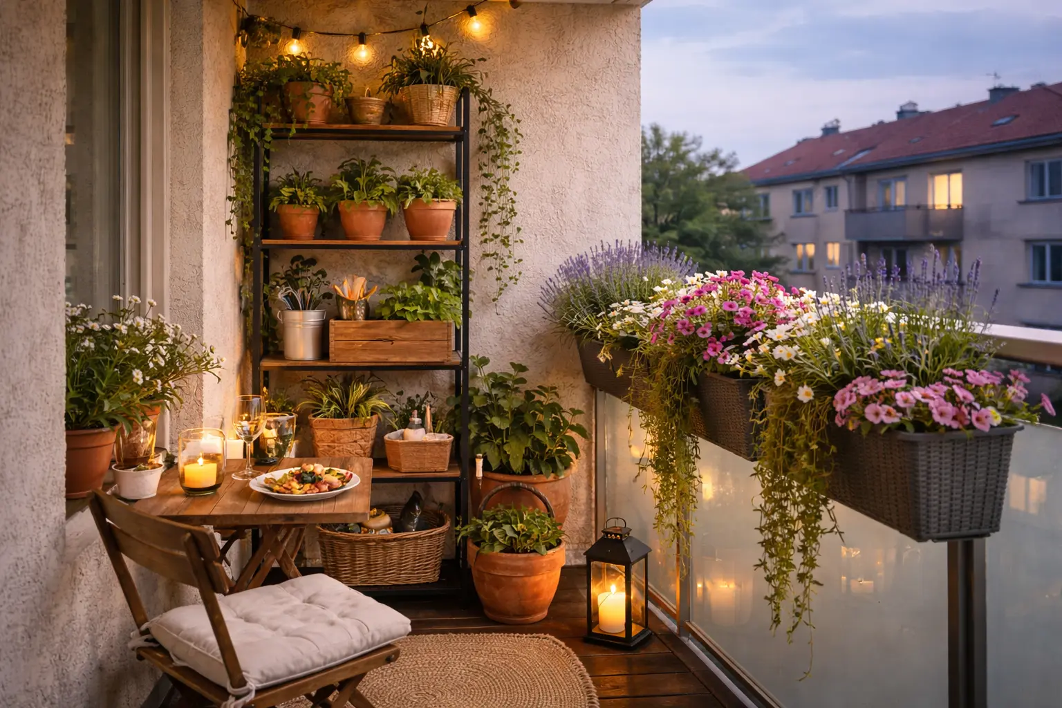 kleiner balkon dekorieren lösung mit pflanzen, regalen und Sitzplätze