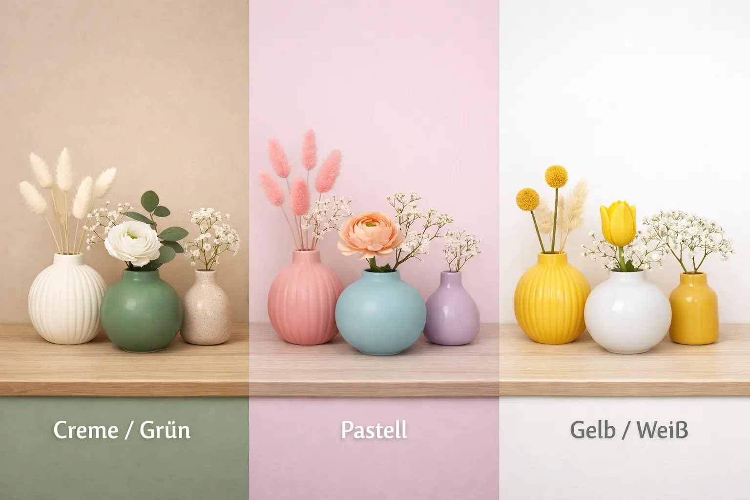 3 Farbkonzepte nebeneinander (Creme/Grün – Pastell – Gelb/Weiß)