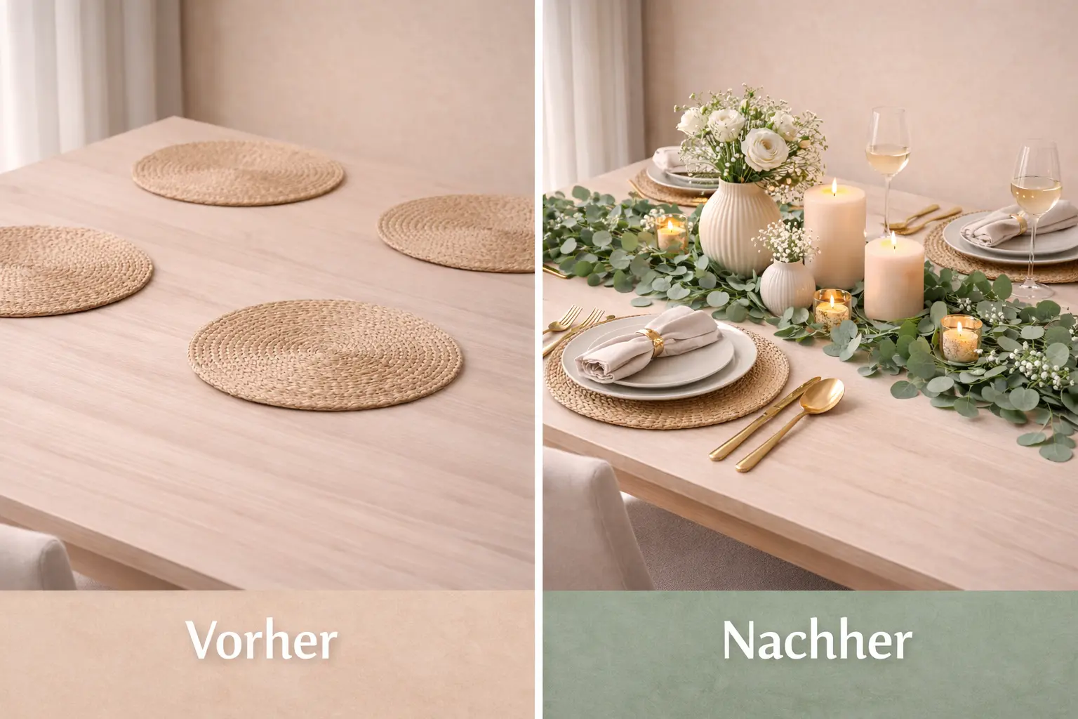 tischdeko blumen Vorher/Nachher (leer vs. dekoriert)
