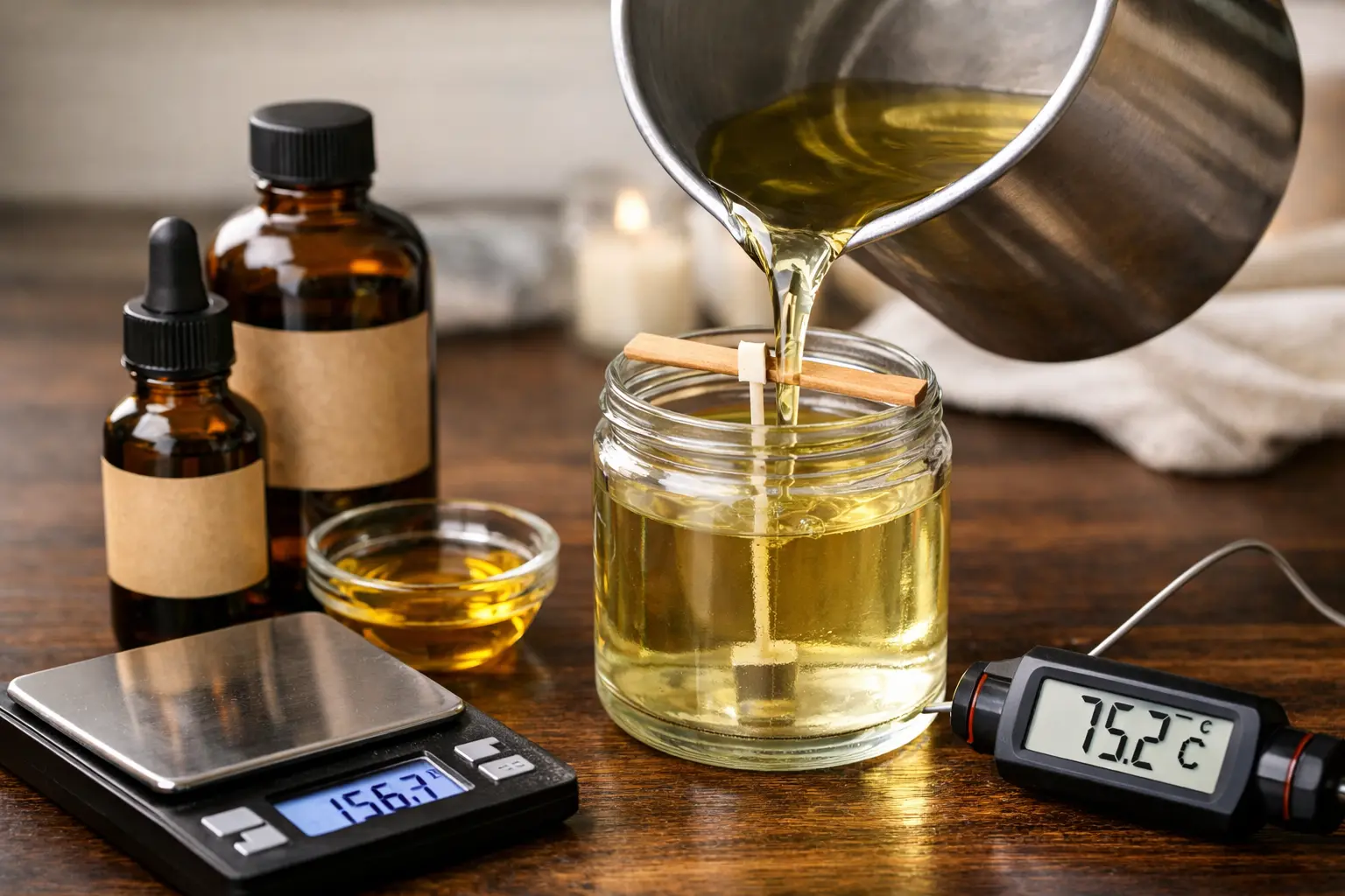 Duftöl wird bei richtiger Temperatur ins Kerzenwachs eingerührt und danach in ein Glas gegossen