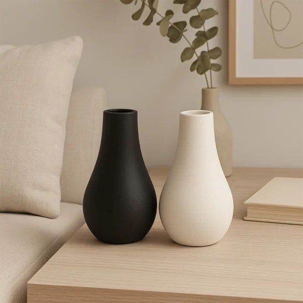 Zwei Vase Rund in Schwarz und Weiß aus Keramik Design auf einem hellen Tisch im Wohnzimmer