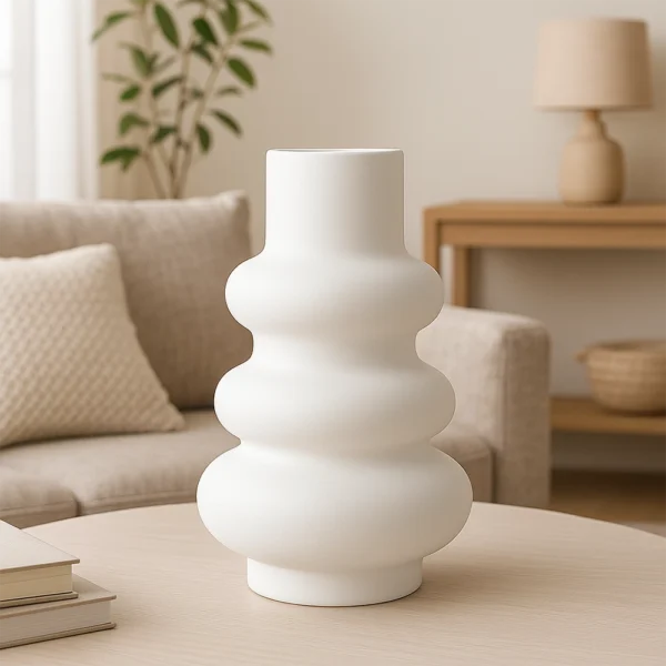 Vase Skulptural in Weiß auf einem Wohnzimmertisch in heller, moderner Einrichtung