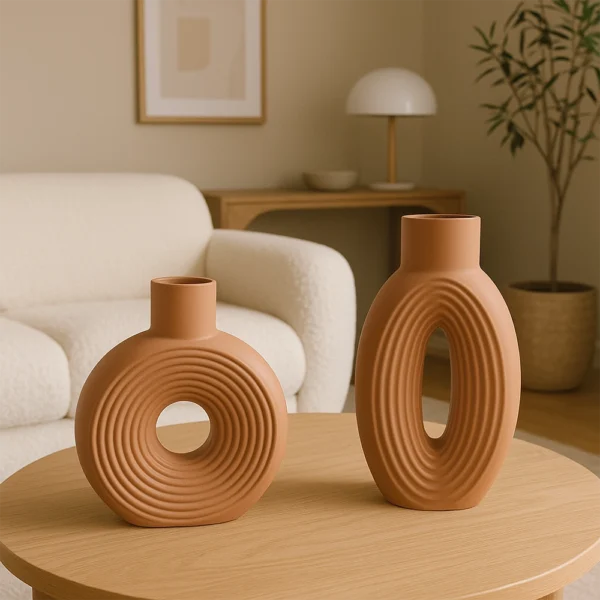 Modernes Vasen Set in Terrakotta im Wohnzimmer auf Holztisch