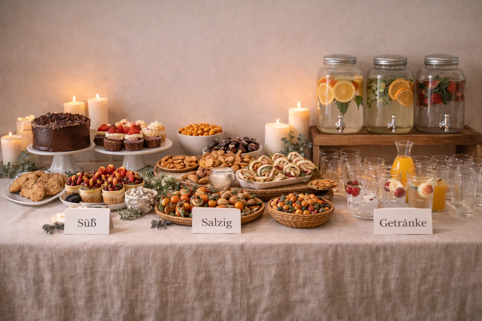Halloween Buffet mit süßen und salzigen Snacks und Getränke-Station