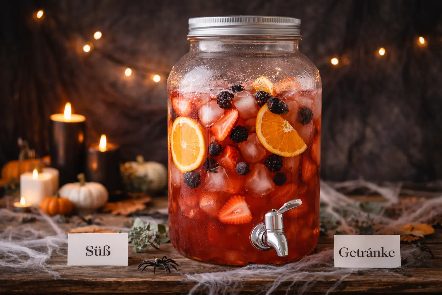 Halloween Punch im Glasbehälter mit Früchten und Eis