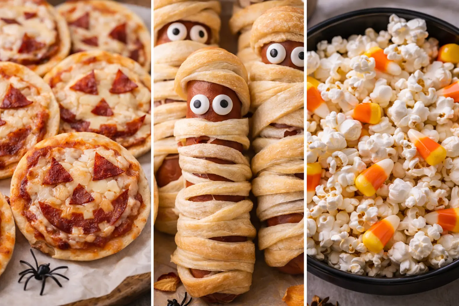 Einfache Halloween Snacks: Mini-Pizzen, Mumien-Würstchen und Popcorn