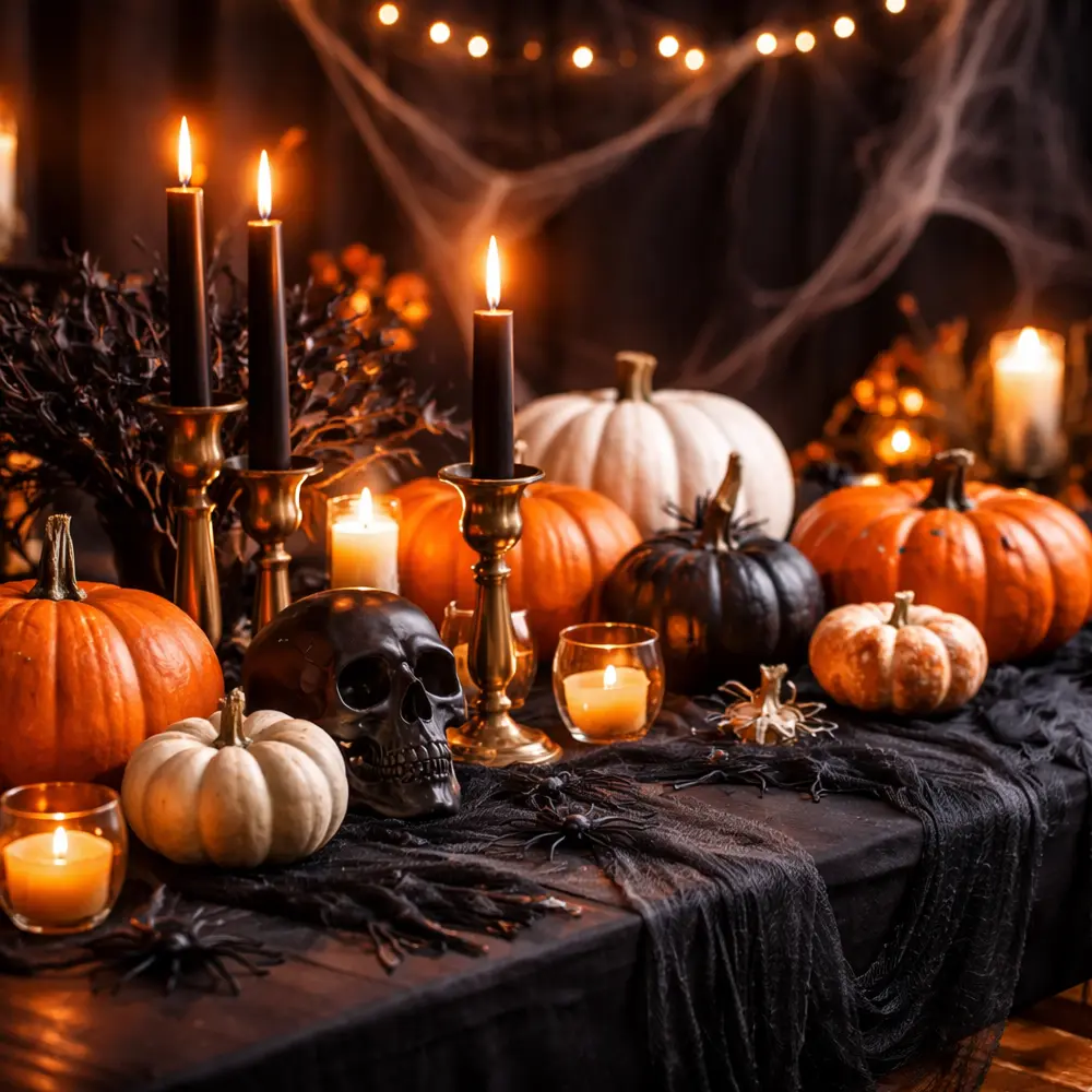 Halloween Party Tischdeko mit Kürbissen, Kerzen und schwarzem Tischläufer
