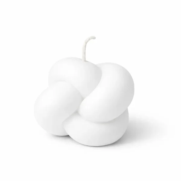 Weiße Knotenkerze (Knot Candle) in moderner Skulptur-Form mit Docht, freigestellt auf weißem Hintergrund.
