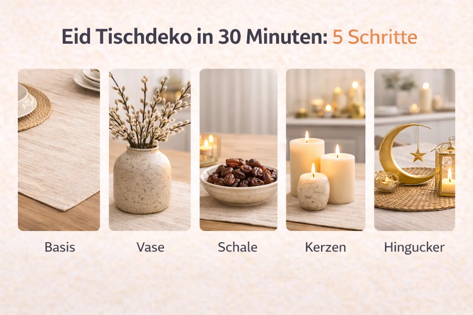 Eid Tischdeko in 30 Minuten: 5 Schritte mit Vase, Schale, Kerzen, Zweigen und Hingucker