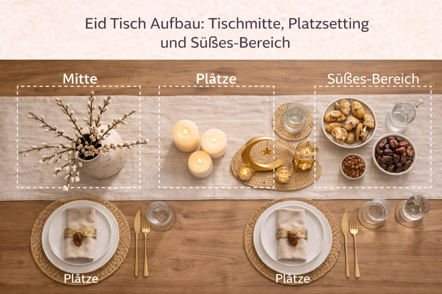 Eid Tisch Aufbau: Tischmitte, Platzsetting und Süßes-Bereich übersichtlich angeordnet