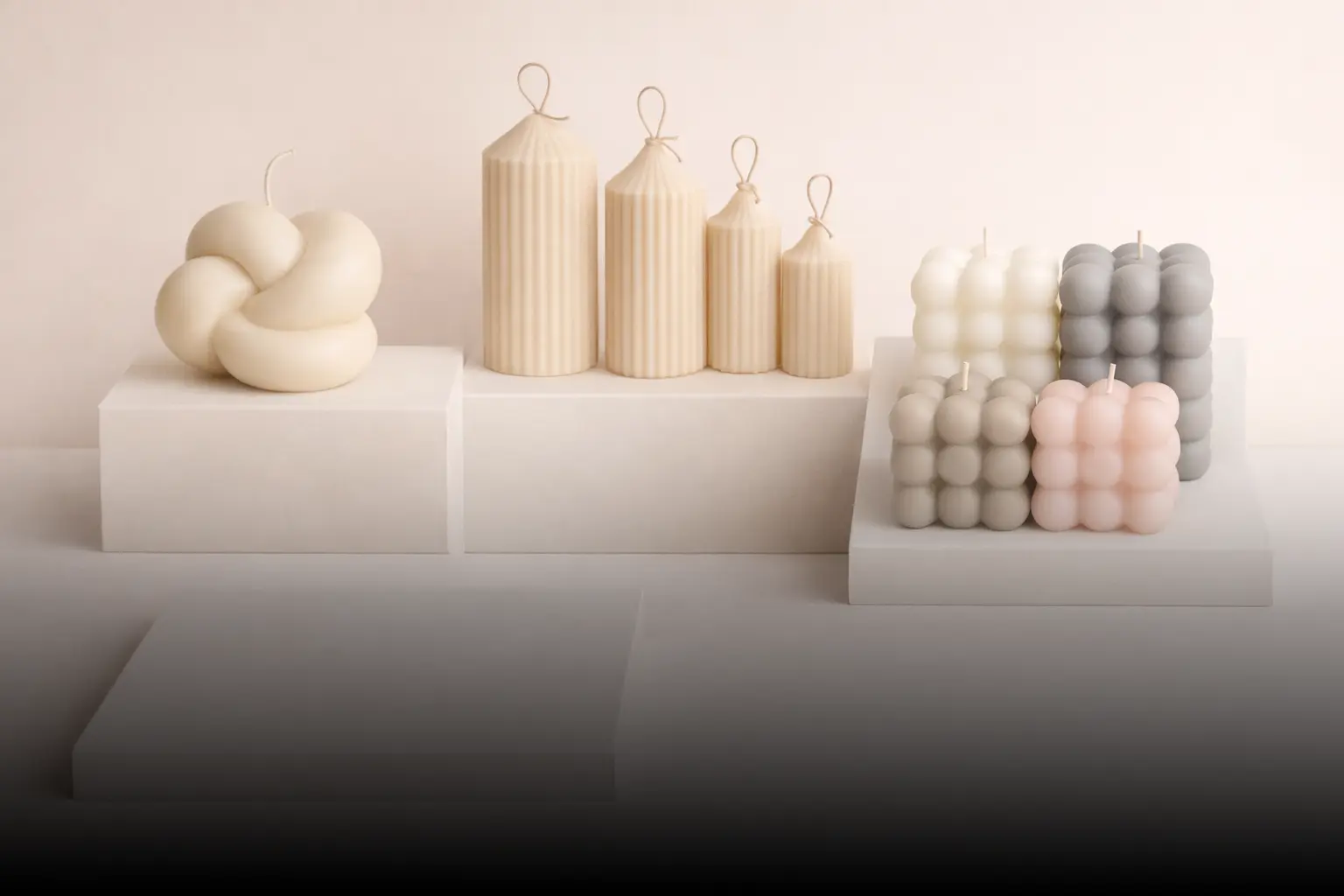 Besondere Kerzen in verschiedenen Formen auf hellem Podest Knotenkerze geriffelte Stumpenkerzen und Bubble Kerzen