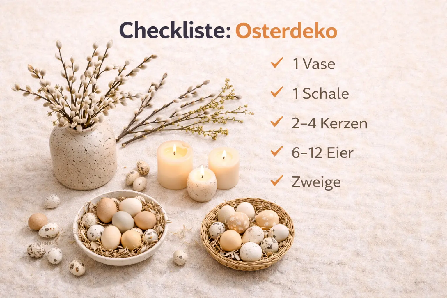 Checkliste Osterdeko: Vase, Schale, Eier, Kerzen und Zweige als Grundausstattung