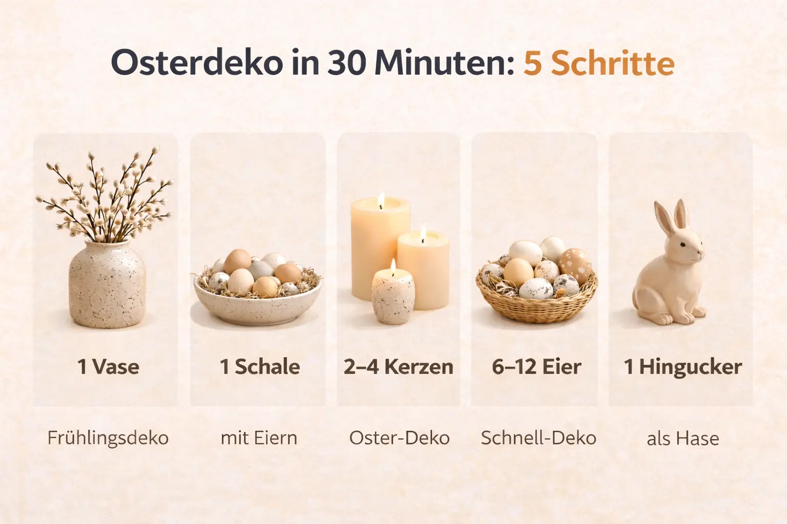 Osterdeko in 30 Minuten: 5 Schritte mit Vase, Schale, Kerzen, Eiern und Hasenfigur
