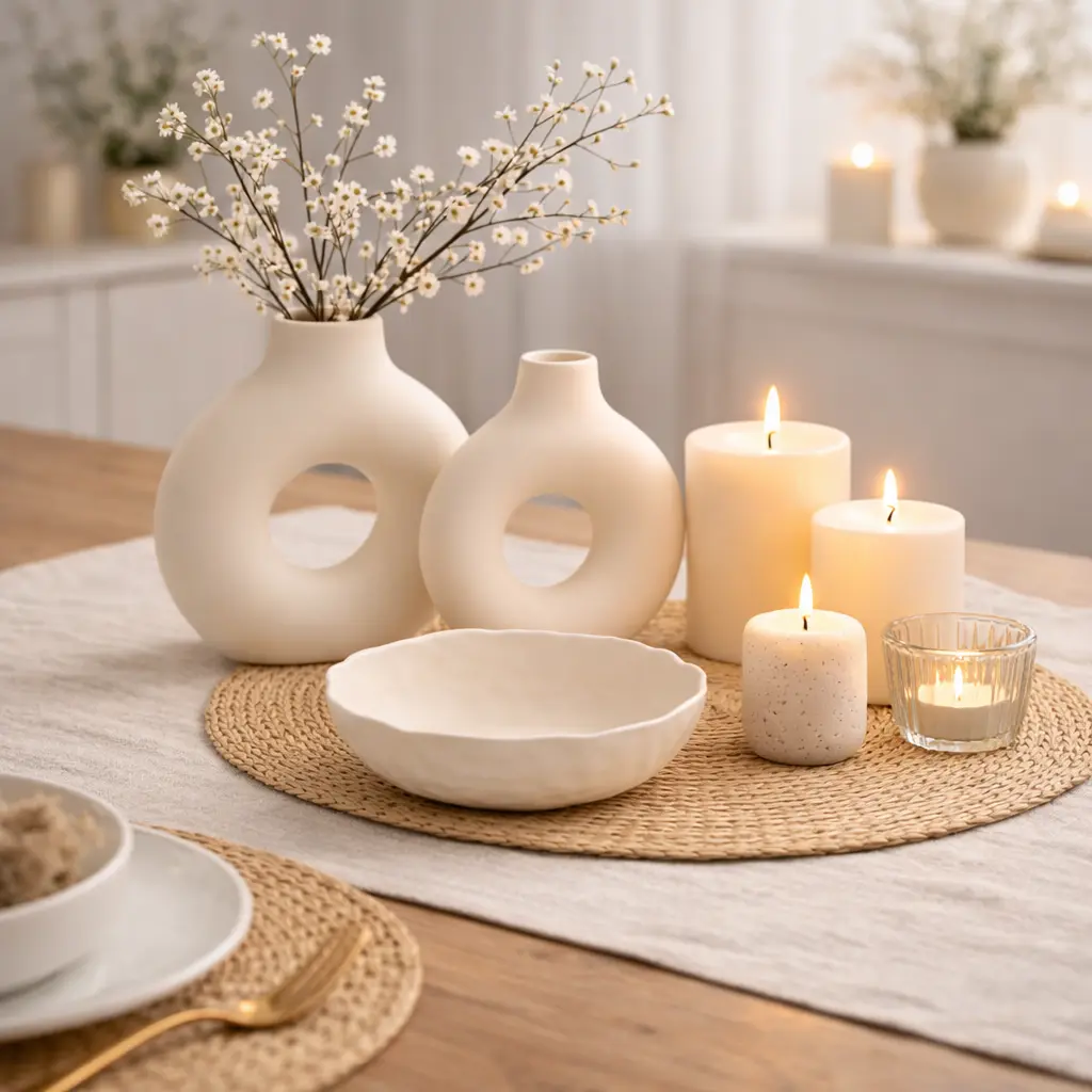 chnelle Deko in 30 Minuten: Vase, Schale und Kerzen auf einem Tisch in Naturtönen