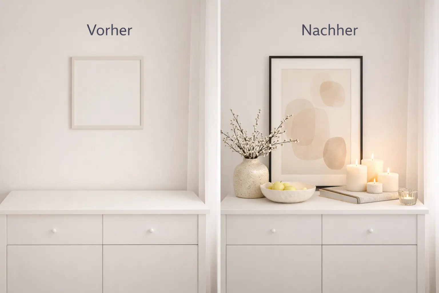 Vorher-Nachher: Sideboard ohne Deko und mit Deko in 30 Minuten – gleiche Perspektive
