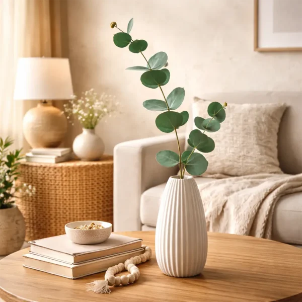 Kunstzweig Eukalyptus in weißer Vase auf Holztisch als natürliche Vasendeko im stilvollen Wohnzimmer