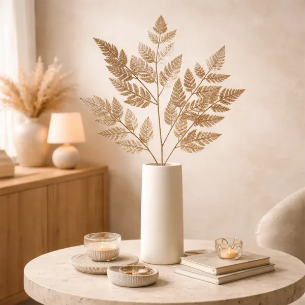 Kunstzweig Farnblatt in goldener Optik als filigrane Vasendeko auf Beistelltisch in stilvollem Wohnambiente