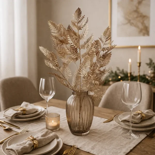 Kunstzweig Farnblatt in goldener Optik als elegante Tischdeko in Glasvase auf festlich gedecktem Esstisch