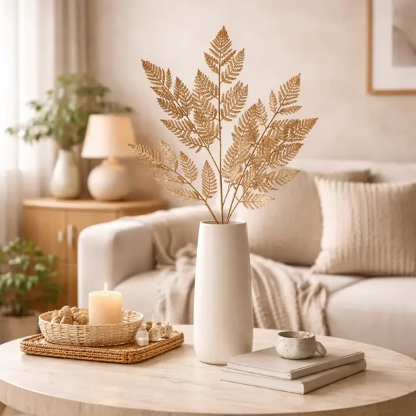 Kunstzweig Farnblatt in goldener Optik als elegante Vasendeko auf Wohnzimmertisch in stilvollem Naturlook